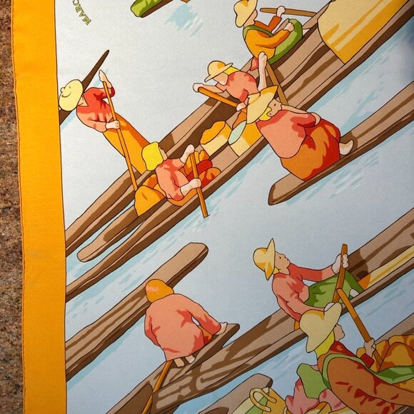 Hermes Silk "Marche Flottant Du Lac Inle II" Scarf Tangerine Color w Blue - Picture 13 of 16